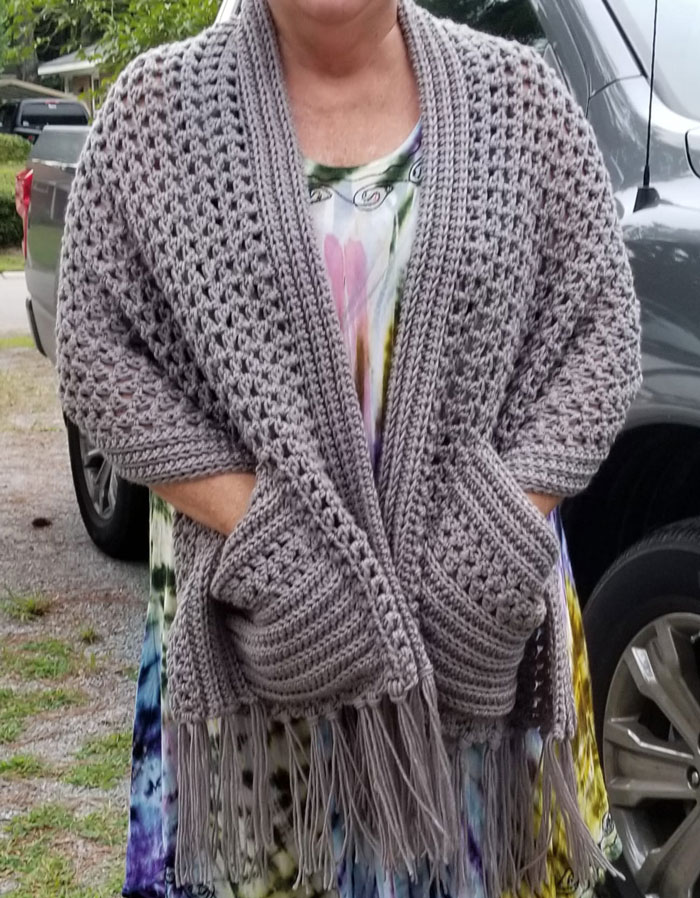 Crochet Perfect-Pockets Shawl crocheted by Kathy Nolen