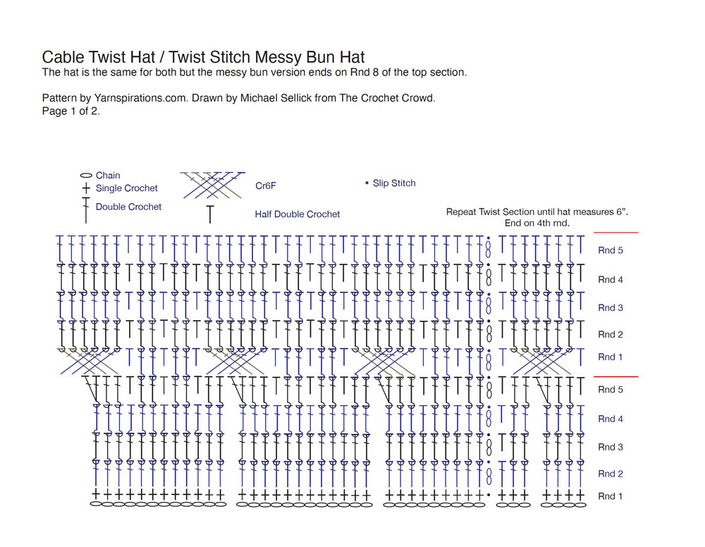 Cable Twist / Messy Bun Hat Page 1 Crochet Diagram