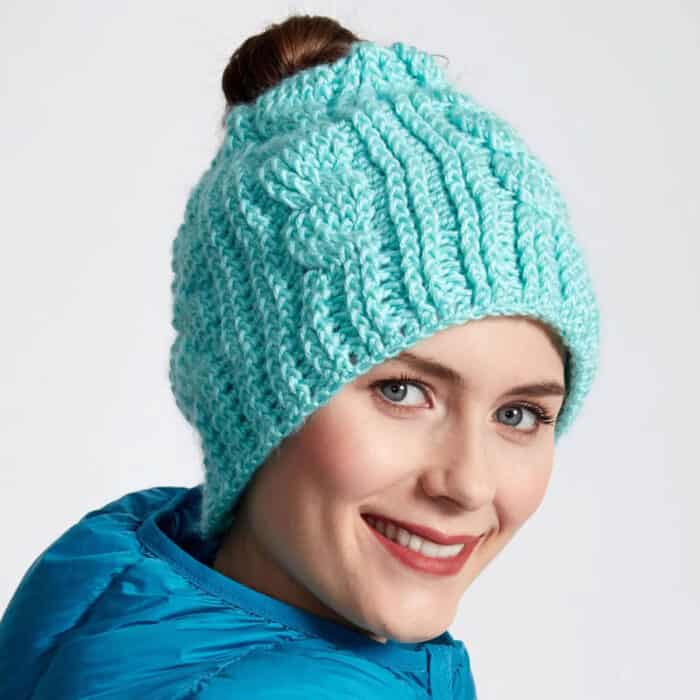 Crochet Twist Stitch Messy Bun Hat Pattern