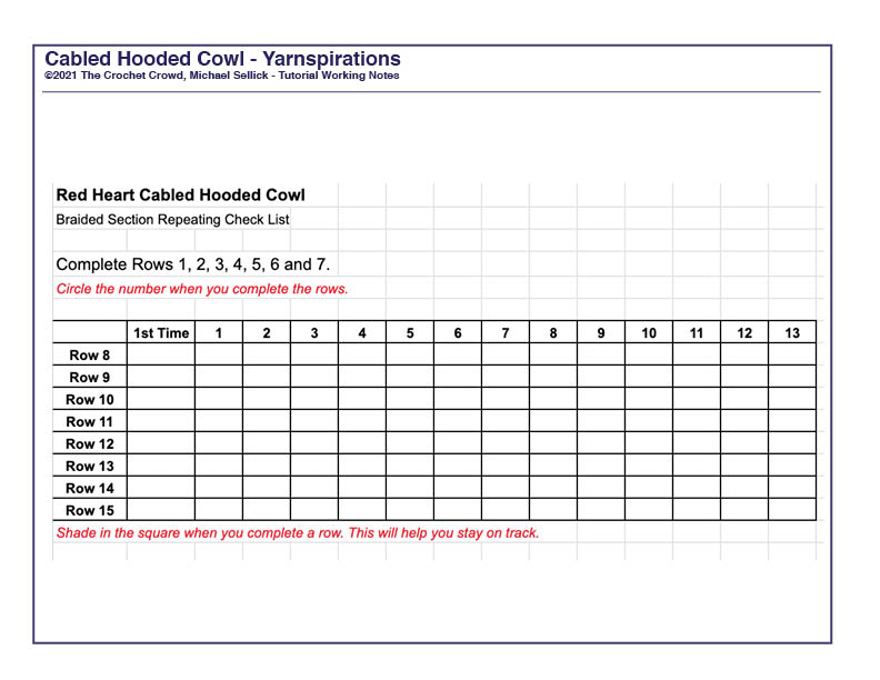 Cabled Hooded Cowl Repeating Checklist