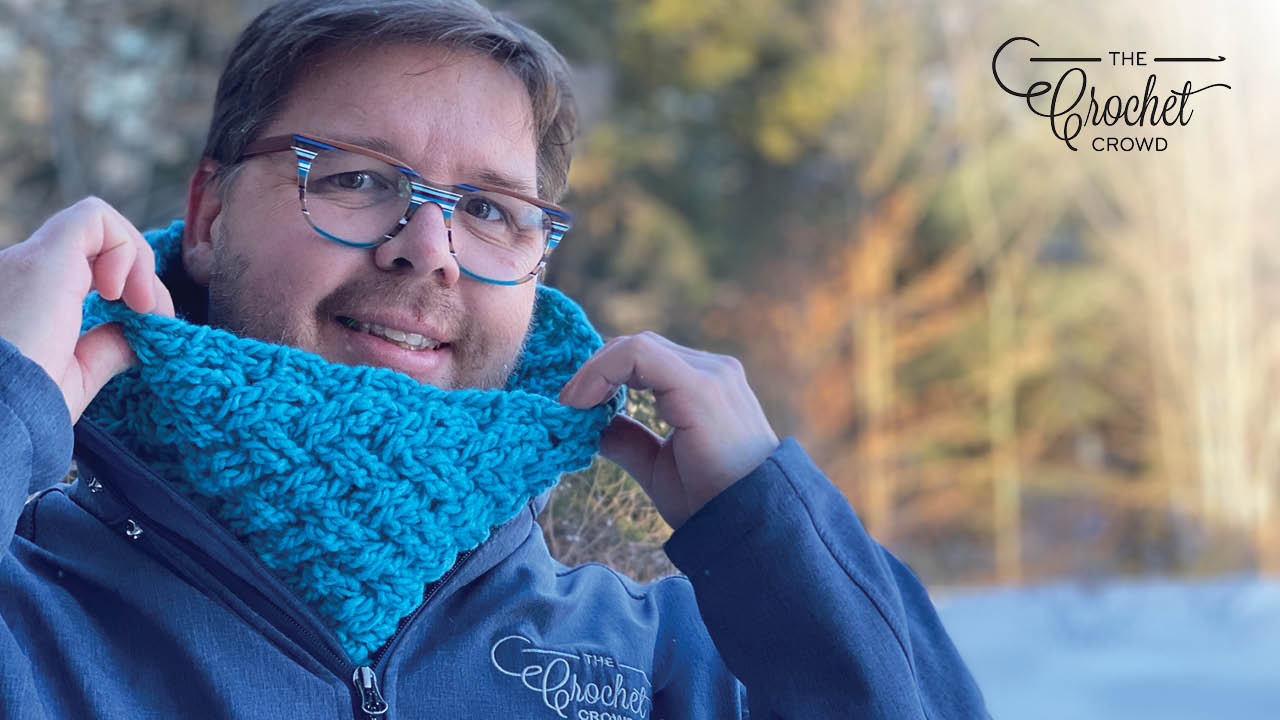 Crochet Celtic Weave Cowl with Mikey