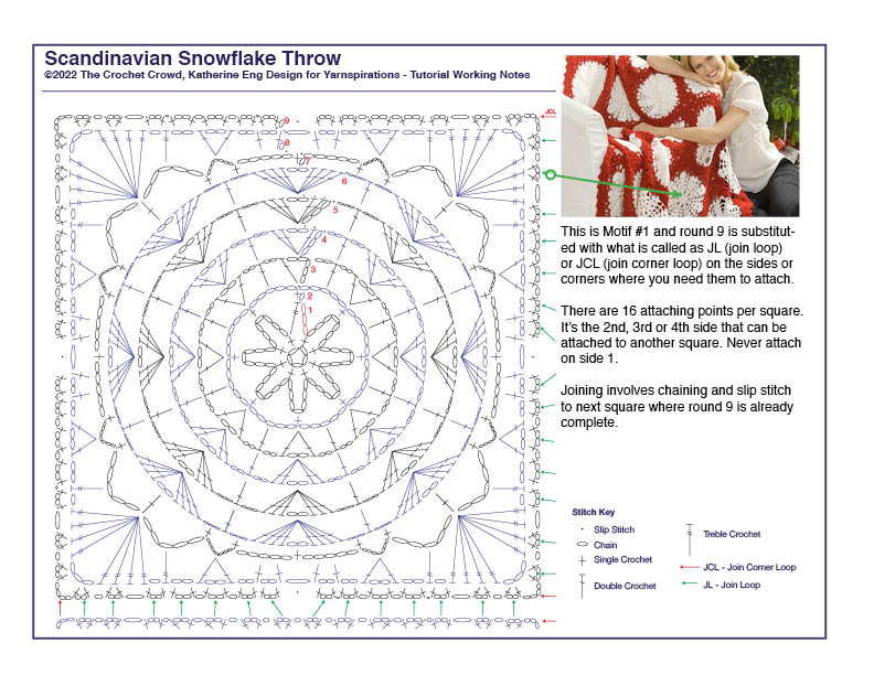 Scandinavian Snowflake Throw Crochet Diagrams - Motif 1 with Attaching