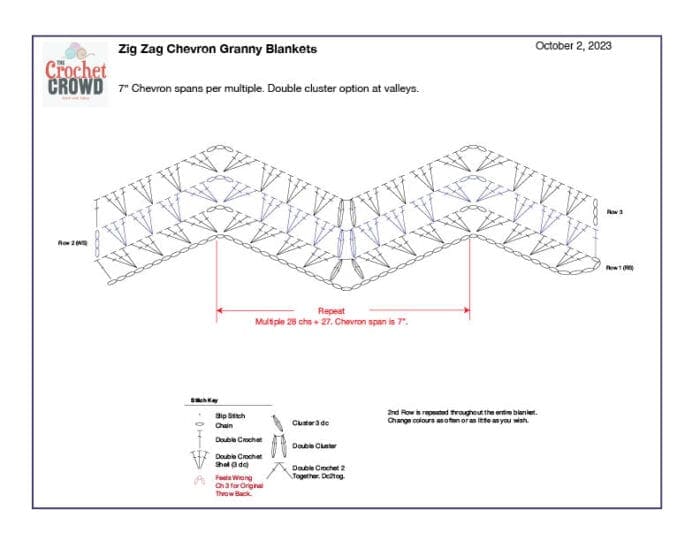 3 Shells Up and Down Crochet Granny Ripple Crochet Diagram Bottom Cluster Option