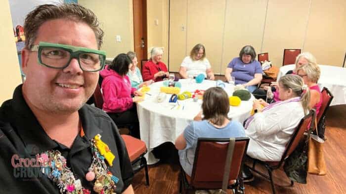 Mikey Teaching Crochet in Beginner Crochet Class