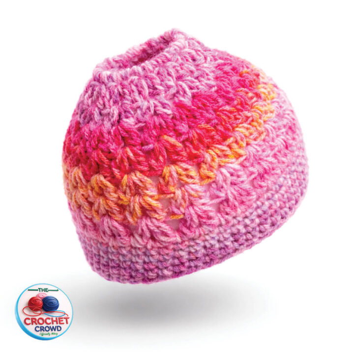 Red Heart Bitty Stripes in Lemonade Toddler Messy Bun Hat Pattern