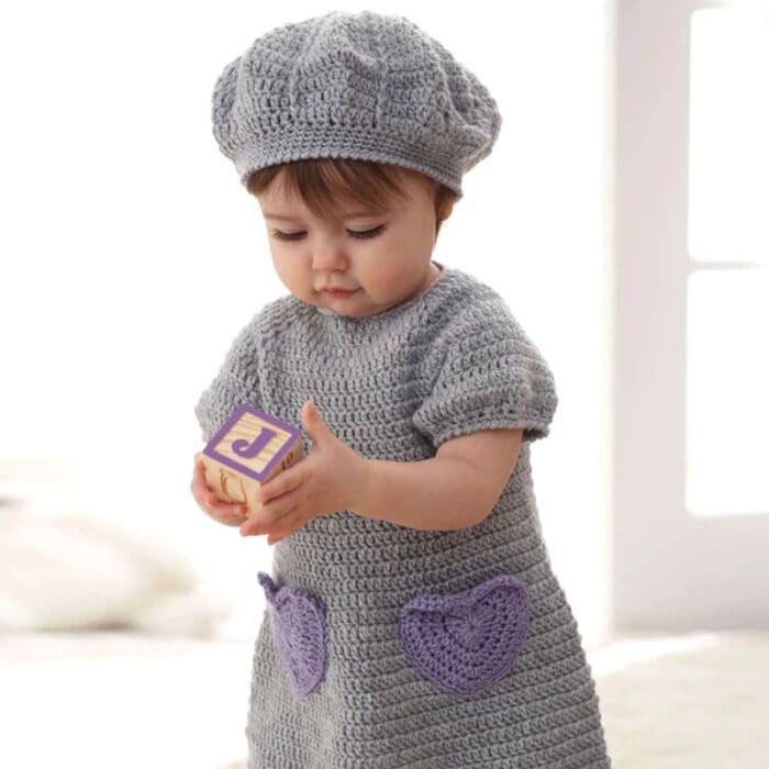 Crochet Baby Heart Pocket Dress with Beret Pattern