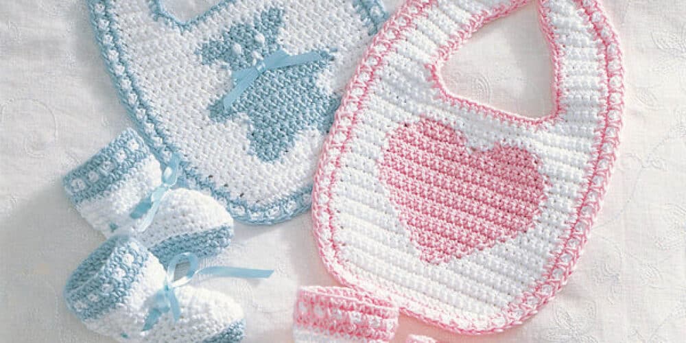 Crochet Teddy or Sweet Heart Bib and Baby Booties Set Pattern