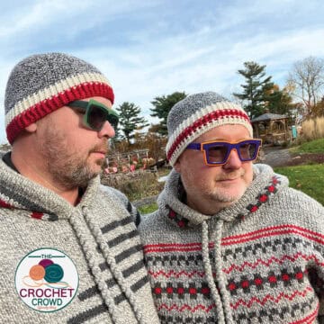 Michael and Daniel Wearing Work Sock Bundle Crochet Beanies