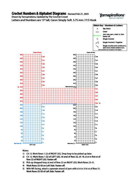 H - 2025 Numbers and Letters Crochet Diagrams