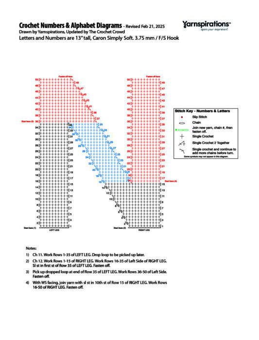 N - 2025 Numbers and Letters Crochet Diagrams