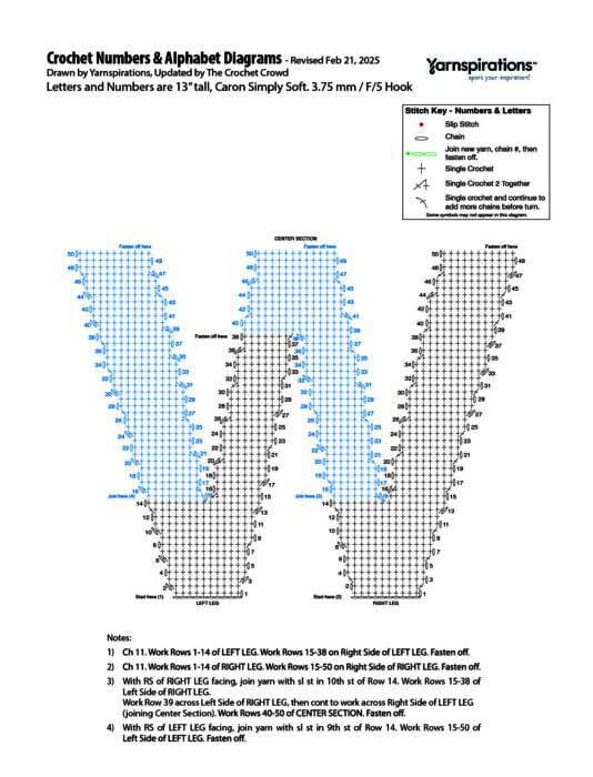 W - 2025 Numbers and Letters Crochet Diagrams