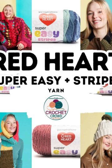 Brightly colored crochet items for kids, featuring Red Heart yarn and crochet patterns.
