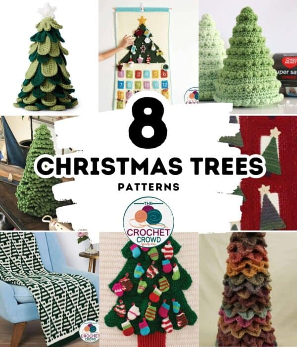Multiple of different types of crochet christmas trees.