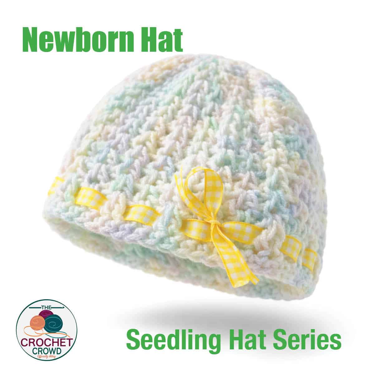 Cute crocheted newborn hat with pastel colors and yellow ribbon detail. Perfect for baby photos and.