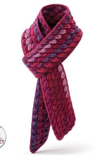 Crochet Warped Tunisian Entrelac scarf featuring vibrant pink and purple tones, perfect for crochet.