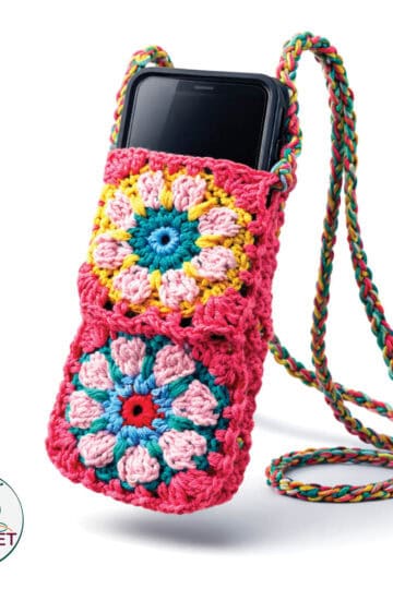 Handmade crochet phone case featuring vibrant granny square patterns and a matching strap.