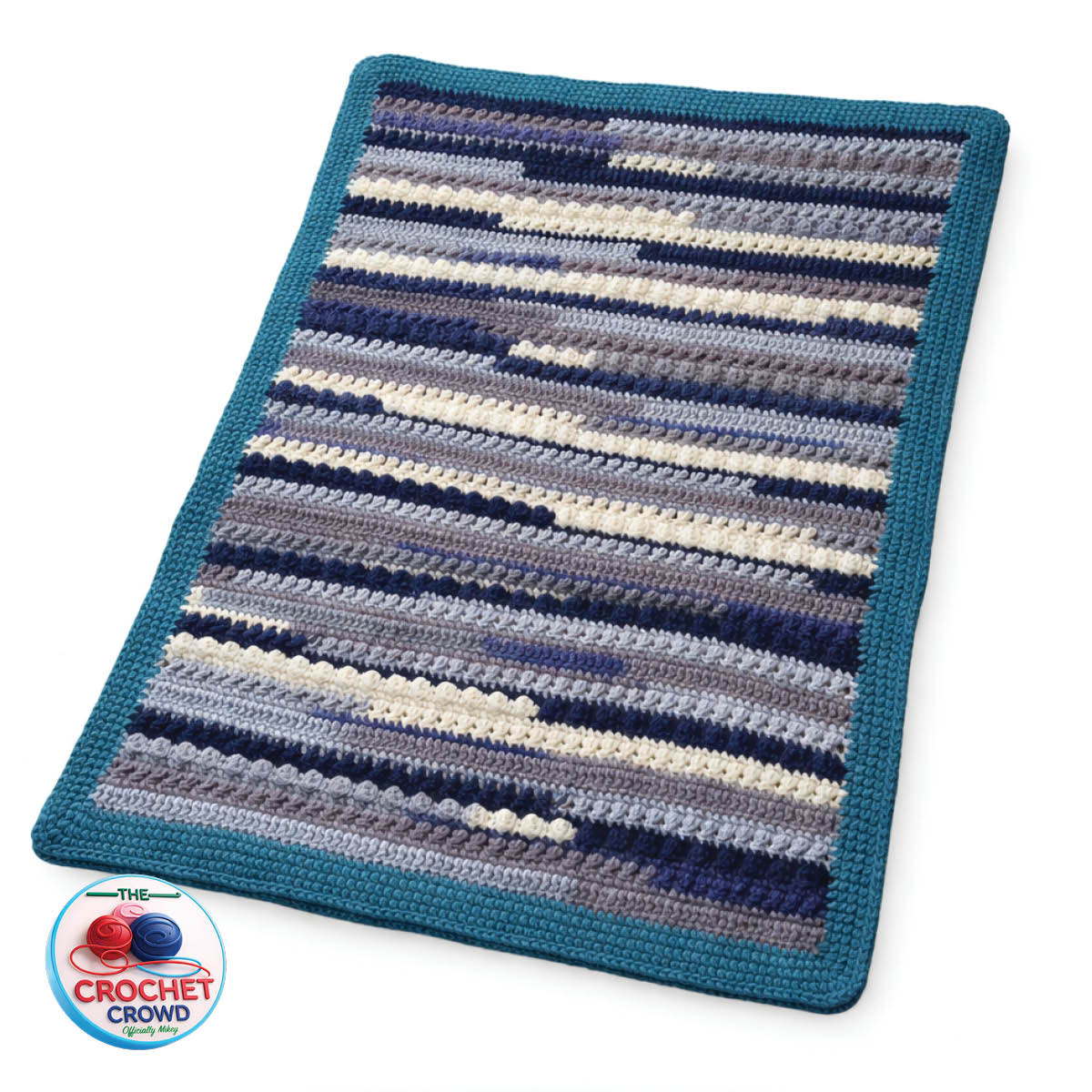 Flat crochet study of textures with gray, blue and white nautical theme stitchwork.