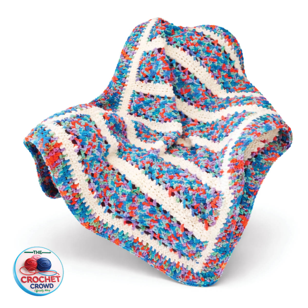 Crochet Rectangle Blanket using Colourful Ocean Colour Chenille yarn.